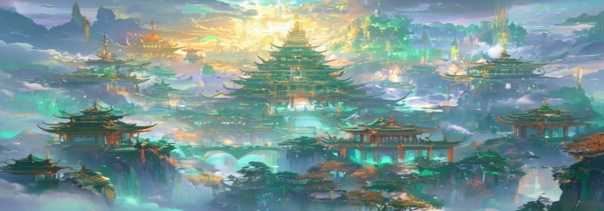 风华神女录三界世界观全景概念图，云雾缭绕的仙界宫殿与幽暗冥界形成鲜明对比，金绿双色主调渲染出磅礴东方神话气势