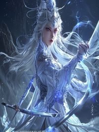 风华神女录冰系传说神女霜华月影，月光银发飘逸，手持寒冰长剑于云端凌空而立，冷艳孤高气质十足