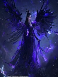 风华神女录暗系神秘神女幽华夜罗，黑色羽翼展开于星空之下，紫色神秘光芒环绕，眼神深邃如同洞悉命运