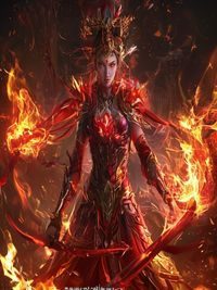 风华神女录火系传说神女烬华赤焰，赤红战甲燃烧着烈焰，双手握持火焰战斧，背后烈焰冲天气势如虹