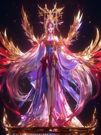 风华神女录限定SSR神女凤华琉璃，身着凤羽华服立于琉璃台上，金红双色光芒环绕，仙气飘逸神情坚毅